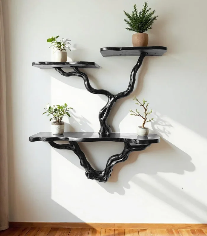 Artisan Driftwood Branch Wall Mounted Tree Bookcase