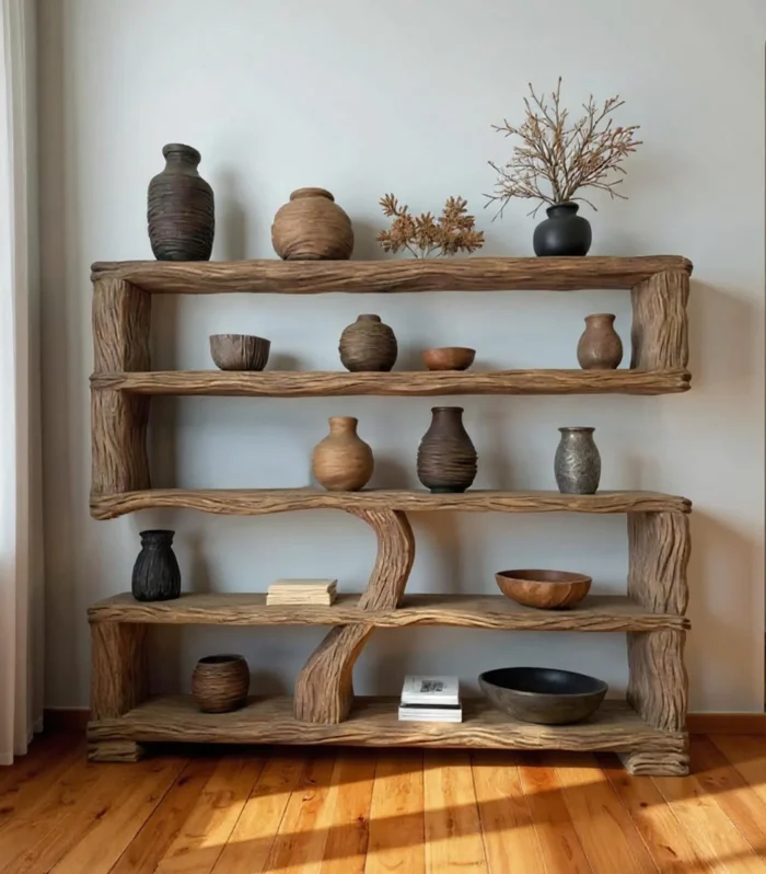 Carved Solid Wood Tree Shaped Floor Bookcase Sculpture