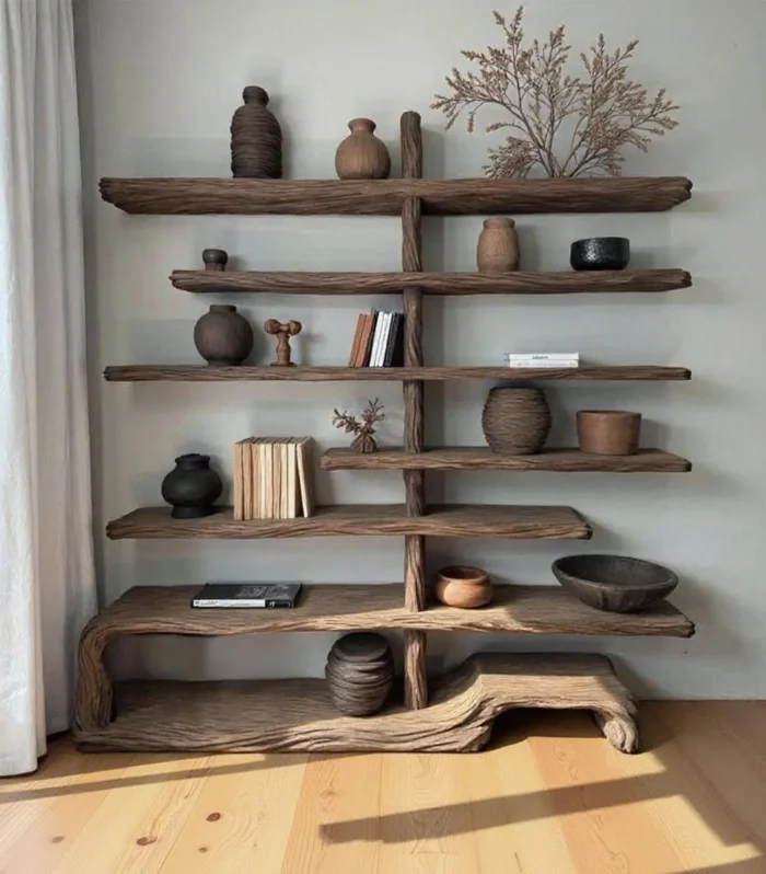 Live Edge Solid Wood Display Bookcase With Carved Shelves