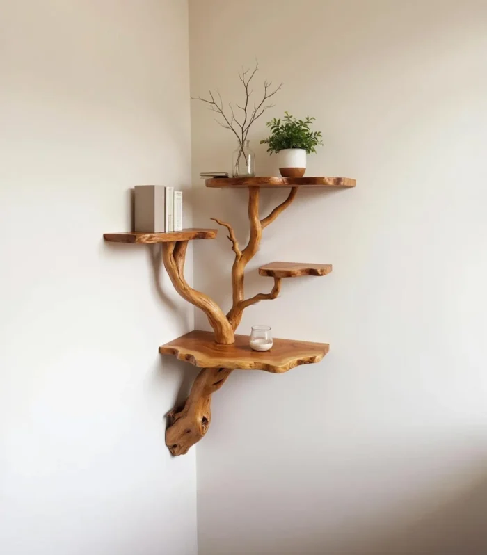 Corner Driftwood Tree Floating Bookcase For Rustic Wall Decor
