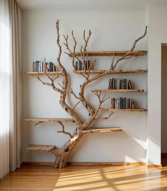 Rustic Driftwood Branch Wall Display With Floating Shelves