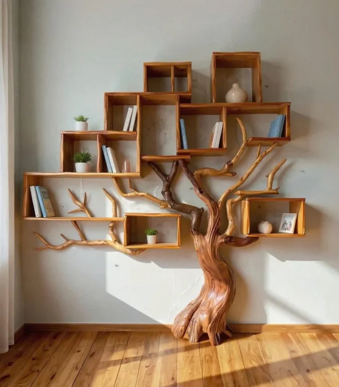 Solid Wood Tree Silhouette Floating Shelf Wall Art Bookcase