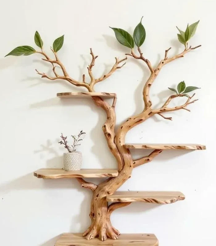Handcrafted Tree Inspired Wall Mounted Solid Wood Bookshelf